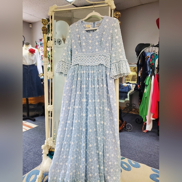 Vintage late 60s, Early 70s Baby Blue Embroidered Eyelet Circle Maxi Dress - Picture 10 of 16